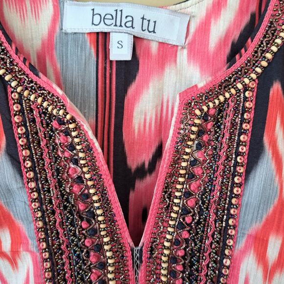 BELLA TU Ikat Hand Beaded Tunic Dress Size Small in Red Cap Sleeve - Picture 5 of 9